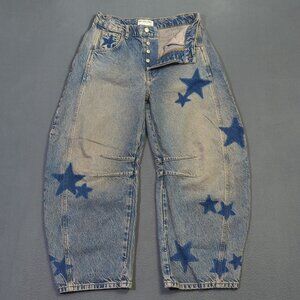 We The Free Jeans Women's 27 Blue Shadow Patch Good Luck Mid-Rise Barrel Denim